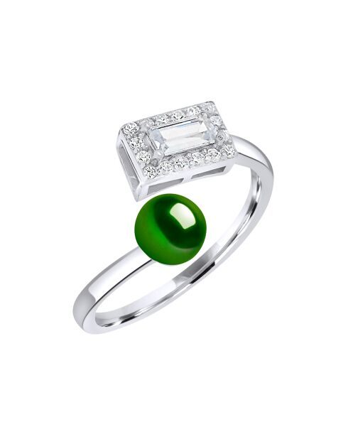 Rechthoekige verstelbare ring in zilver en malachietgroene gekweekte zoetwaterparel