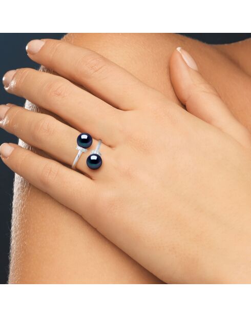 Verstellbarer Ring von Toi & Moi aus silbernen und schwarzen Tahiti-Süßwasser-Zuchtperlen