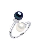 Bague ajustable Toi & Moi en Argent & Perles de Culture d'Eau Douce blanc naturel/black tahiti