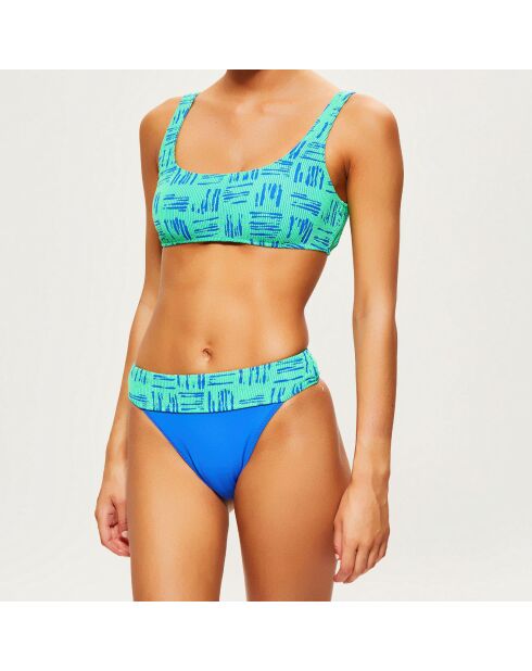 Bikinibroekje met hoge taille en fluo groen/blauwe revers