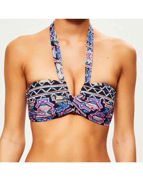 Zwart/veelkleurig bedrukte bandeau-bikinitop