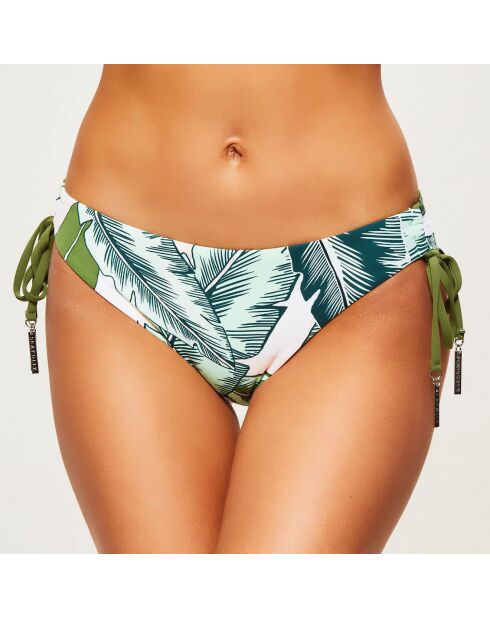 Slip bikini verdi con cravatta stampata