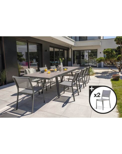 Gartenset Stockholm-TB300-CER ausziehbarer Tisch + 10 stapelbare Stockholm-CH-Stühle & 2 stapelbare Stockholm-FT-Sessel Anthrazitgrau