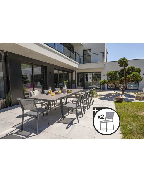 Gartenset Stockholm-TB300-CER ausziehbarer Tisch + 10 stapelbare Stockholm-CH-Stühle & 2 stapelbare Stockholm-FT-Sessel Anthrazitgrau