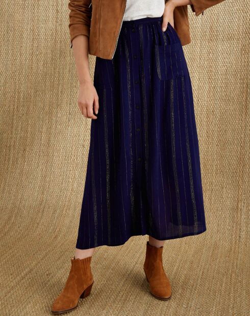 Falda larga abotonada azul marino iridiscente