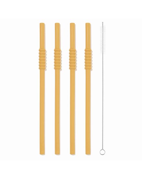 4 Pailles en silicone avec écouvillon Bistro jaune - 24 cm