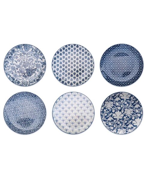 6 platos de postre de porcelana Majorelle azul/blanca - D.20,3 cm