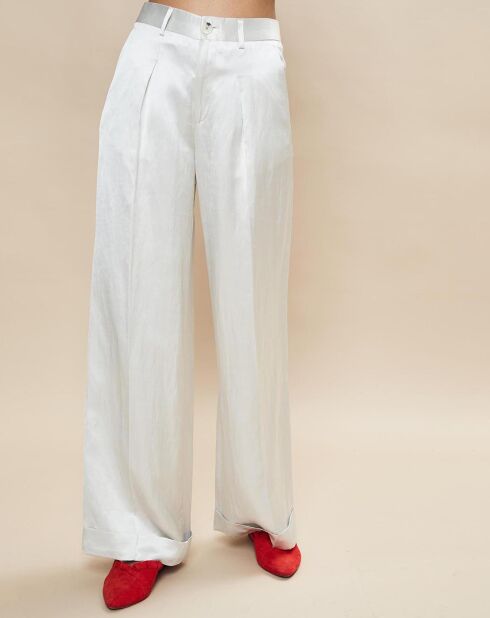 Lichtgrijze satijnen broek van linnenmix Orson