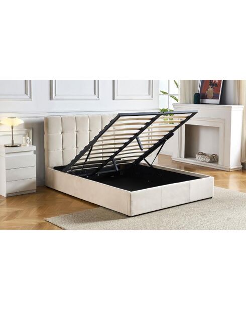 Cama doble Luftani con base elevable de terciopelo beige - 160x200 cm
