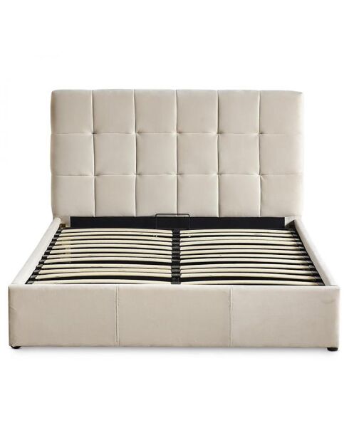 Cama doble Luftani con base elevable de terciopelo beige - 160x200 cm