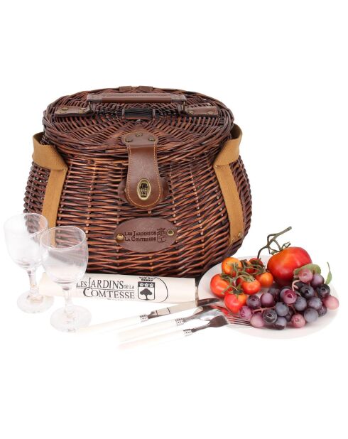 Panier à pique-nique Tuileries 2 personnes osier brun bleu marine - 40x40x25 cm