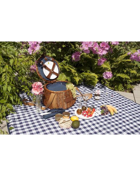 Panier à pique-nique Tuileries 2 personnes osier brun bleu marine - 40x40x25 cm