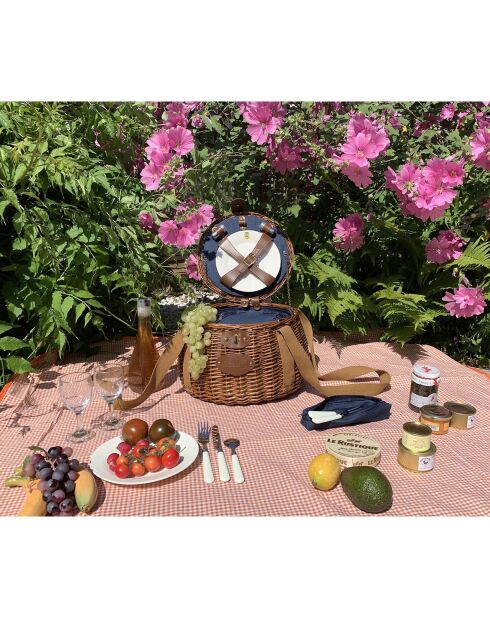 Panier à pique-nique Tuileries 2 personnes osier brun bleu marine - 40x40x25 cm
