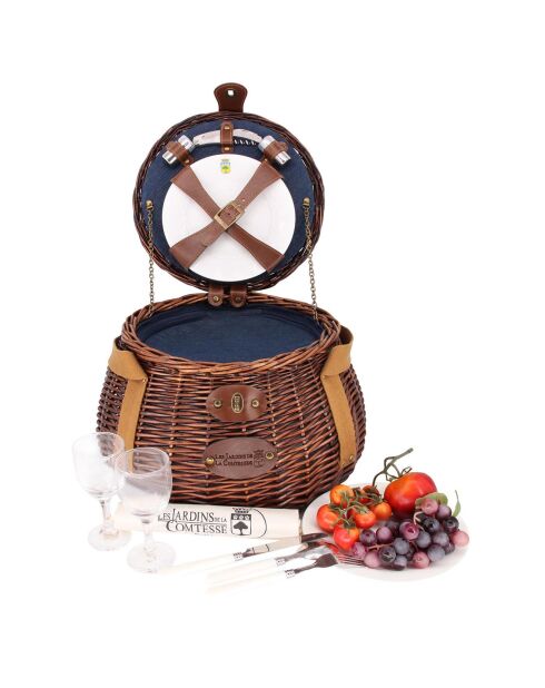 Panier à pique-nique Tuileries 2 personnes osier brun bleu marine - 40x40x25 cm
