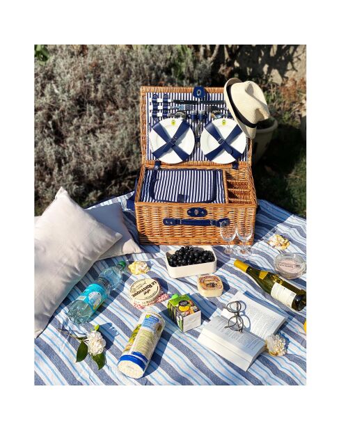 Cestino da picnic Fontainebleau in vimini con strisce blu/bianche - 4 persone