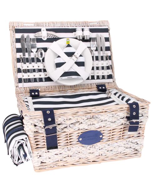 Cesta de pícnic de mimbre azul marino con rayas azules y blancas, para 4 personas