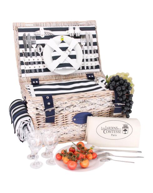 Cesta de pícnic de mimbre azul marino con rayas azules y blancas, para 4 personas