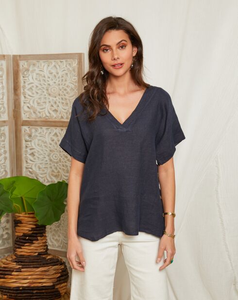 Marineblauwe top van 100% linnen