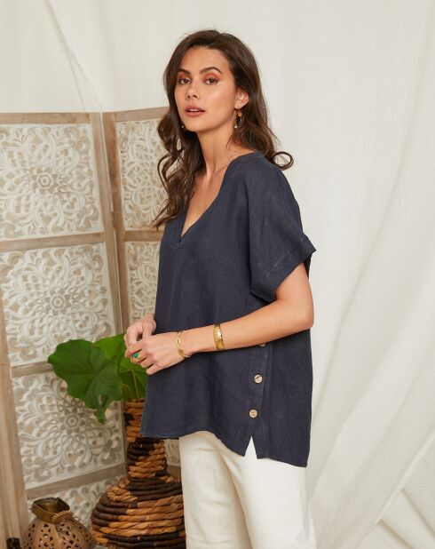 Marineblauwe top van 100% linnen