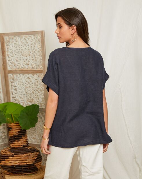 Marineblauwe top van 100% linnen