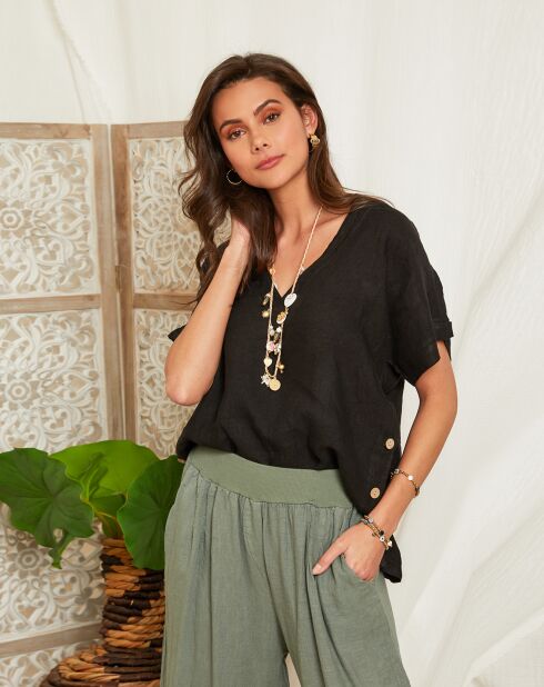 Schwarzes Maud Top aus 100% Leinen