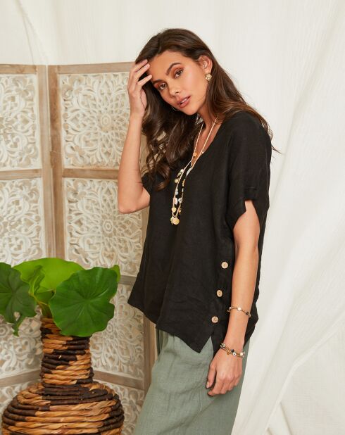 Schwarzes Maud Top aus 100% Leinen