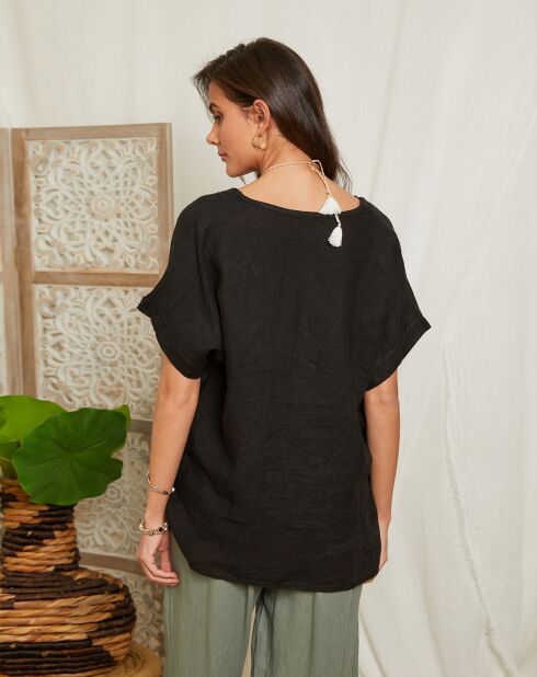 Schwarzes Maud Top aus 100% Leinen