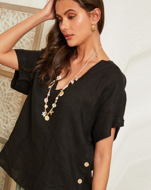 Schwarzes Maud Top aus 100% Leinen