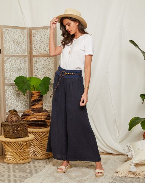Marineblaue Hose aus 100% Leinen Hilona