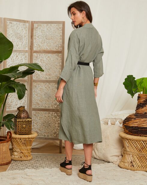 Kaki jurk van 100% linnen Elise