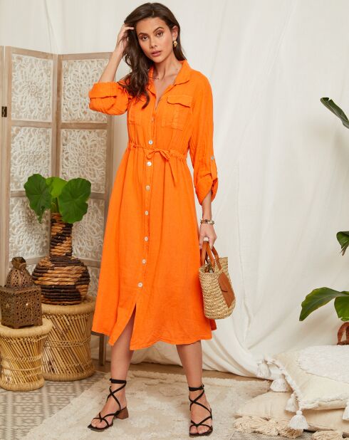 Oranje jurk van 100% linnen Kily