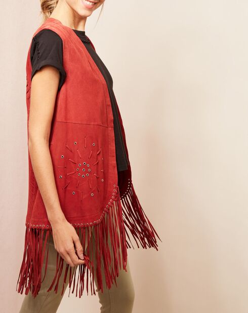 Veste en velours de Cuir à laçage & franges bordeaux