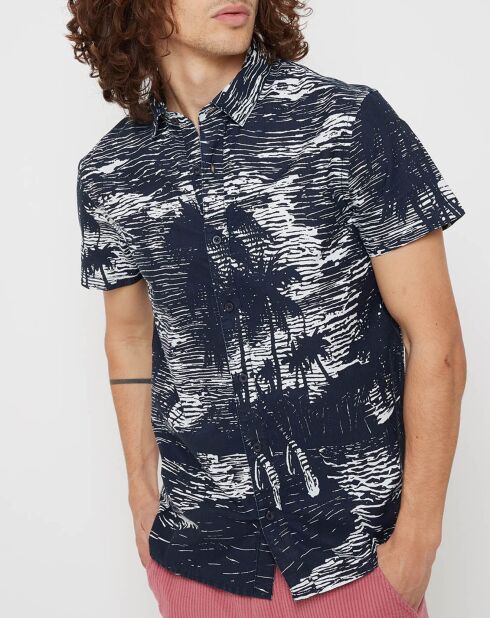 Marineblauw recht overhemd met palmboomprint Cotinta