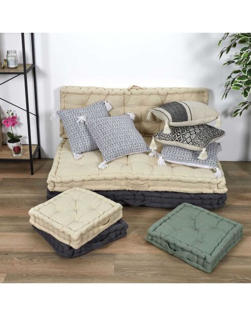 Coussin ethnique pompons beige/noir - 40x40 cm