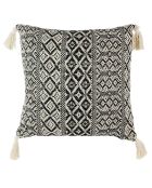 Coussin ethnique pompons beige/noir - 40x40 cm