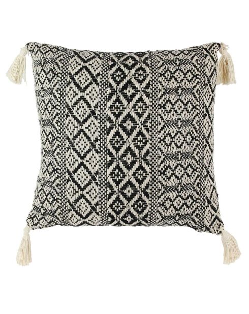 Coussin ethnique pompons beige/noir - 40x40 cm