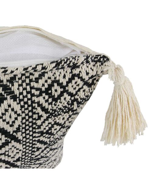 Coussin ethnique pompons beige/noir - 40x40 cm