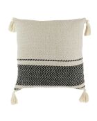 Coussin berbère rayures pompons beige/noir/beige - 40x40 cm