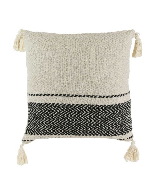 Coussin berbère rayures pompons beige/noir/beige - 40x40 cm