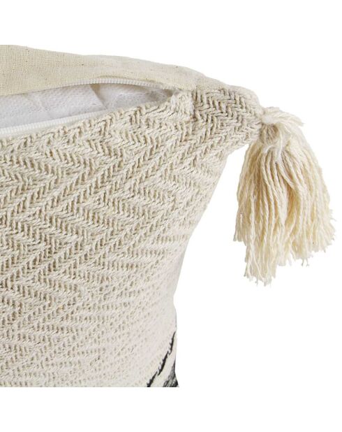 Coussin berbère rayures pompons beige/noir/beige - 40x40 cm