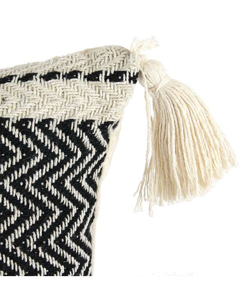 Coussin berbère rayures pompons beige/noir/beige - 40x40 cm