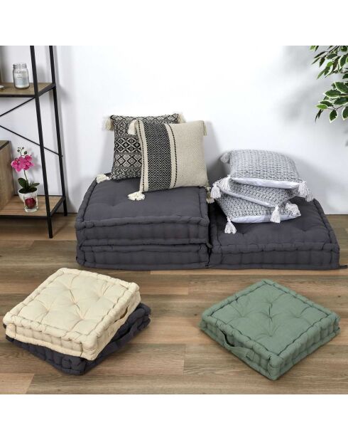 Coussin berbère rayures pompons beige/noir/beige - 40x40 cm