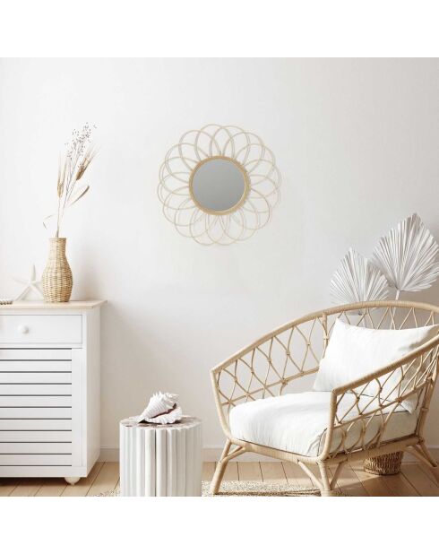 Miroir rotin rosace bois - D.54 cm