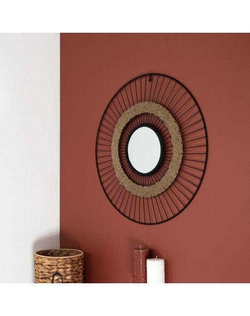 Miroir filaire et jonc noir/beige - D.60 cm
