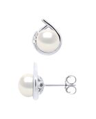 Pendientes Entourage de oro blanco, diamantes de 0,06 quilates y perlas cultivadas en agua dulce con botones blancos naturales