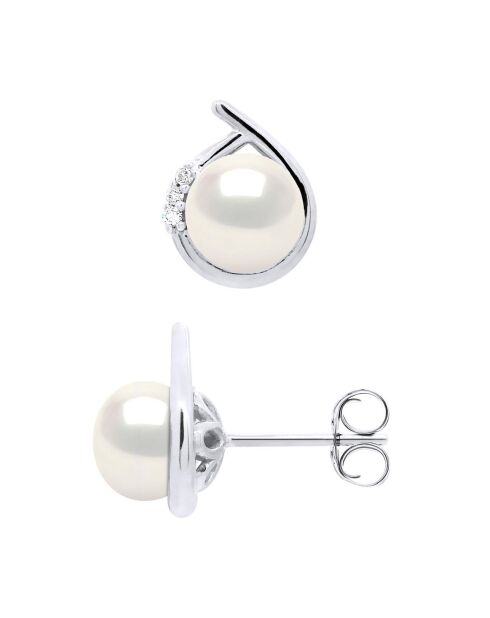 Entourage-oorbellen witgoud, 0,06 karaat diamanten en gekweekte zoetwaterparels, natuurlijke witte knopen