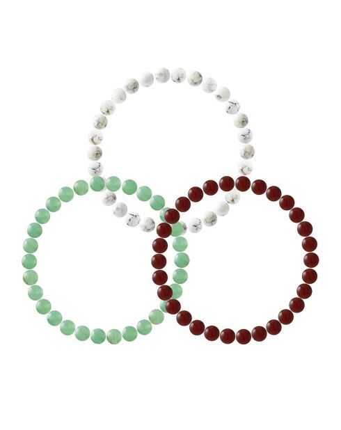 Set di 3 braccialetti portafortuna elastici Avventurina, Howlite bianca, Howlite bianca, agata rossa verde/bianco/rosso
