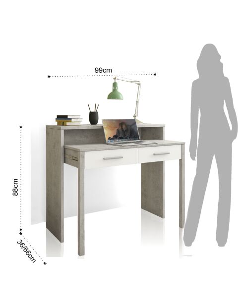 Console/bureau extensible blanc/gris - 88x99x36/66 cm