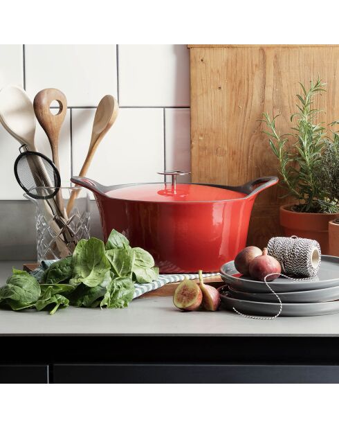 Cocotte ronde fonte de fer émaillée avec couvercle Volcan rouge - 12.5x24.5x20.5 cm