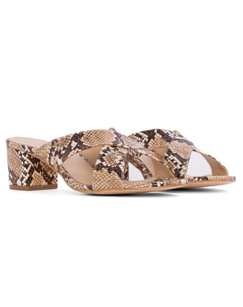 Pantoletten aus Leder mit Niza Python-Print in Braun/Beige